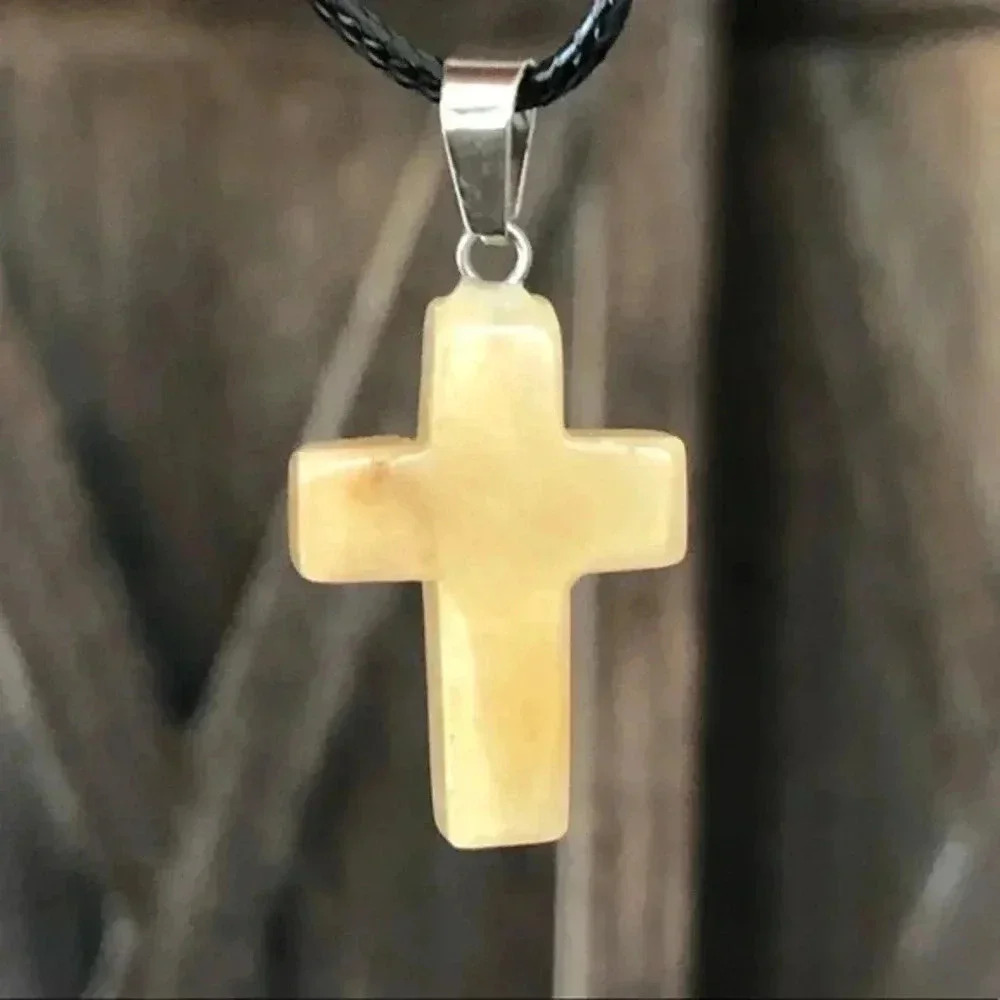 Golden Quartz Cross Natural Braided Stainless Steel Necklace NWT